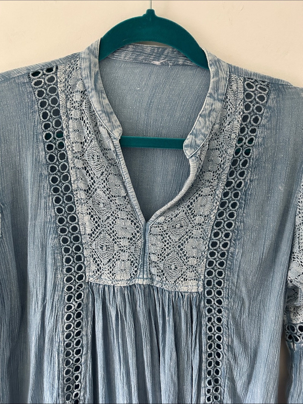 Boho Y2K Light Blue Lace-Trim Women's Peasant Top Eyelet Detail Cottagecore - Picture 12 of 12